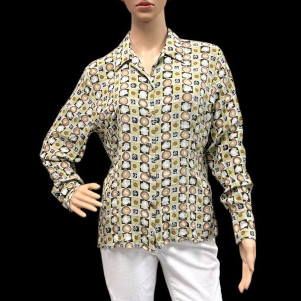 RARE TESS Vintage Designer Blouse 100% Silk Long Sleeve Green Multicolor Sz 10